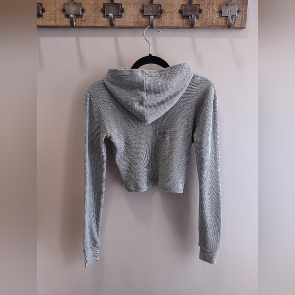 Harlow Cotton Blend Waffle Slim Crop Long Sleeve Hoodie In Green Size Small - Picture 5 of 6